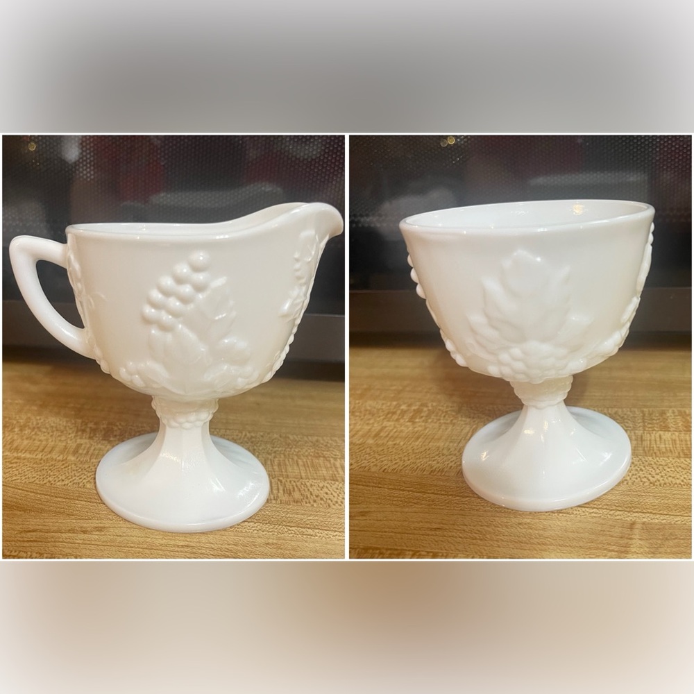 Indiana Colony Harvest Milk Glass Grapes Leaf Pedestal Cream Sugar Bowl Set
